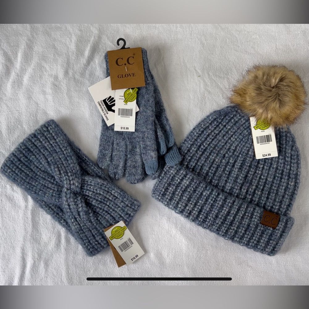 C.C set Pom Pom hat beanie twist headband gloves
